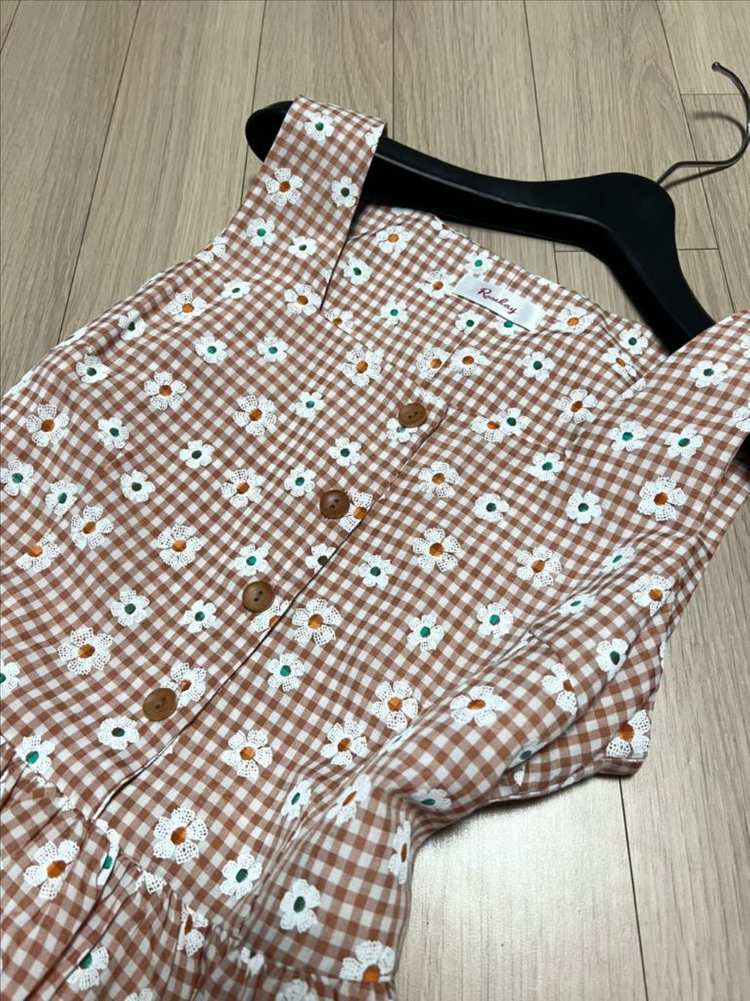 새상품) 로즈베이 데이지 깅엄체크 롱원피스 오렌지브라운 플라워 민소매 나시 여름 뷔스티에 레이어드 꽃무늬 이미지