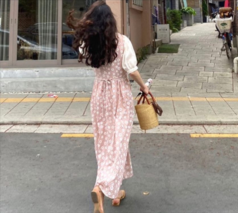 새상품) 로즈베이 데이지 깅엄체크 롱원피스 오렌지브라운 플라워 민소매 나시 여름 뷔스티에 레이어드 꽃무늬 이미지