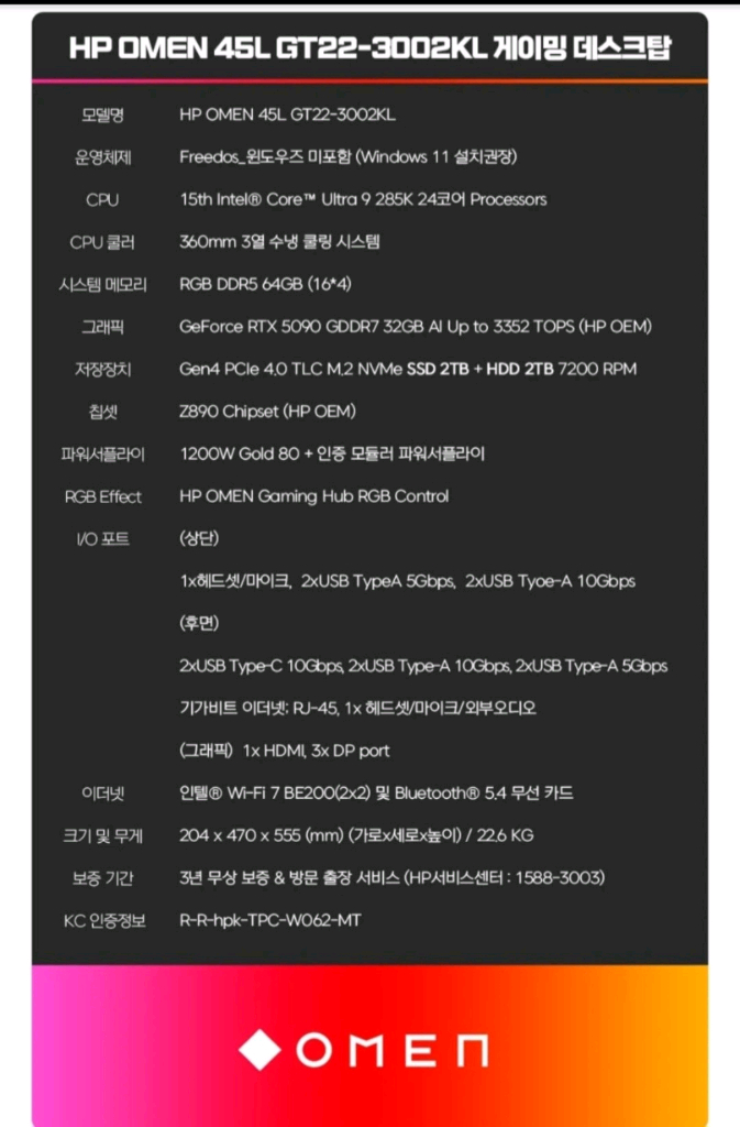 HP OMEN 45L GT22-3002KL RTX 5090 게이밍 데스크탑(미사용) 이미지