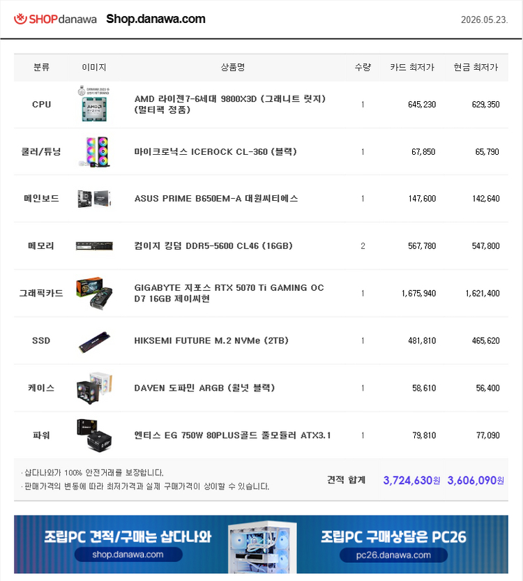 9800X3D , RTX 5070 ti ,32GB , 2TB 이미지