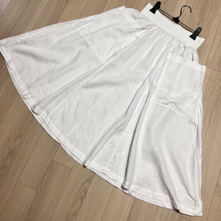 도나카란뉴욕 DKNY 린넨100% 밴딩 플레어 스커트 롱치마 화이트 흰색 휴가룩 휴양지 여행룩 이미지