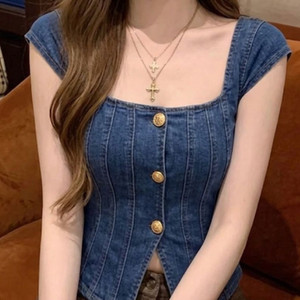 데님 스퀘어넥 블라우스 이미지