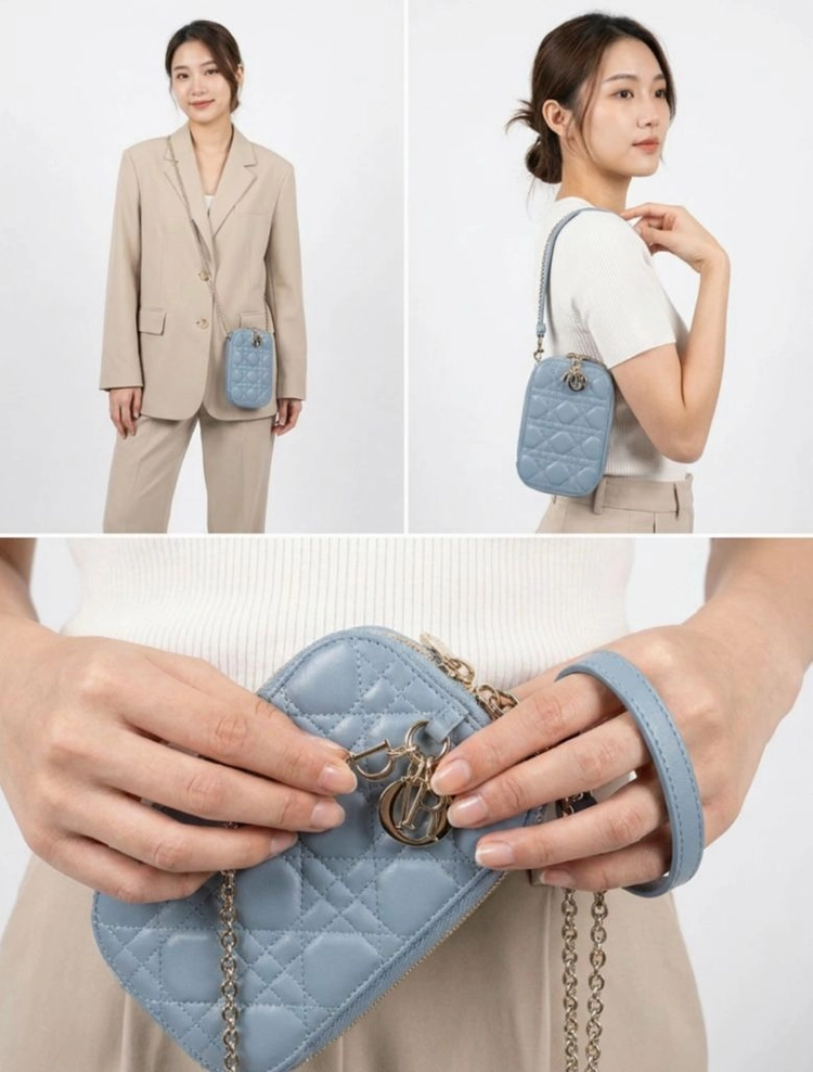 디올 레이디 여성 까나쥬 램스킨 콜인 폰 홀더 체인 미니백 클라우드 블루 이미지