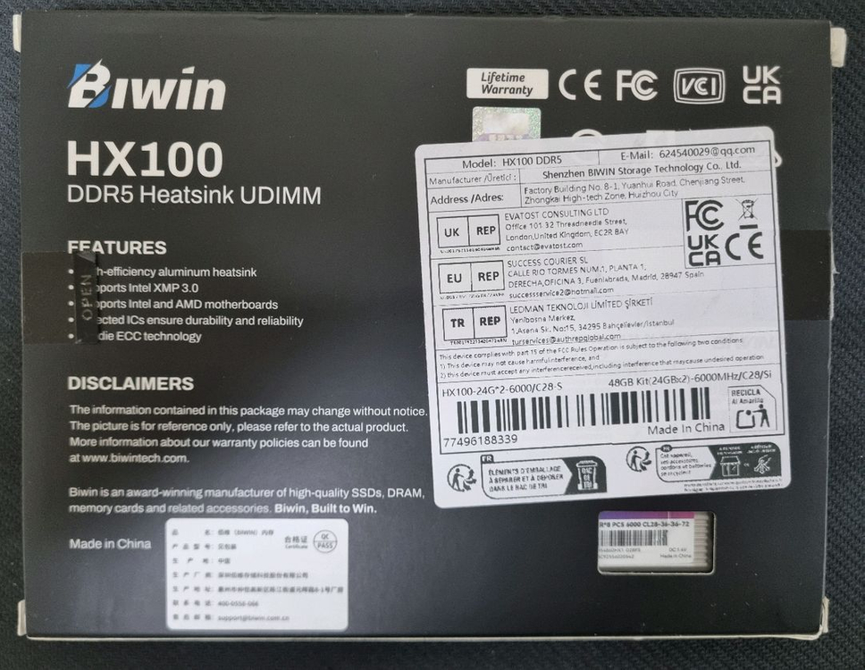 Biwin DDR5 48GB 24GB 2장 6000MHz CL28 실버 하이닉스 칩셋 램 이미지