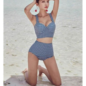 쉬비치 깅엄 체크 하이웨스트 비키니 투피스 수영복 모노키니 래쉬가드 이미지