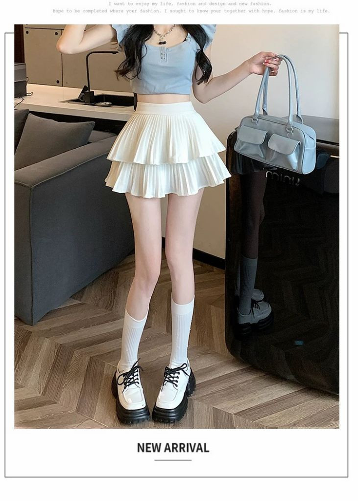 레이어드 프릴 플리츠 미니스커트 화이트 이미지