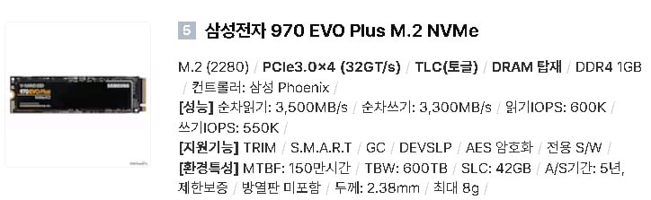 미개봉 삼성 970 EVO plus M.2 NVMe SSD 1TB 이미지