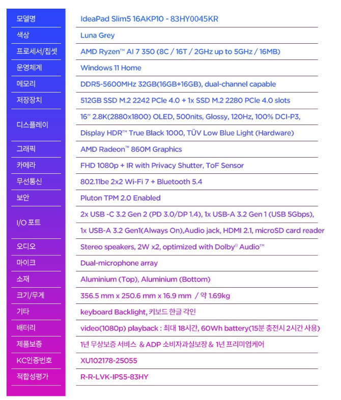 레노버 아이디어패드슬림5 16akp10 판매합니다. 이미지