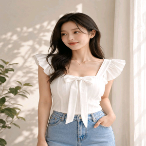 캡내장 리본 셔링 블라우스 스퀘어넥 날개소매 나시 탑 이미지