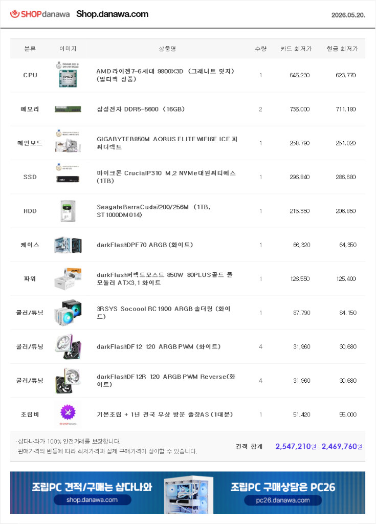 (새제품 반본체 공랭 화이트)9800X3D, 32GB, B850M, 850W GOLD 공랭최강, 방송게이밍컴퓨터본체 이미지