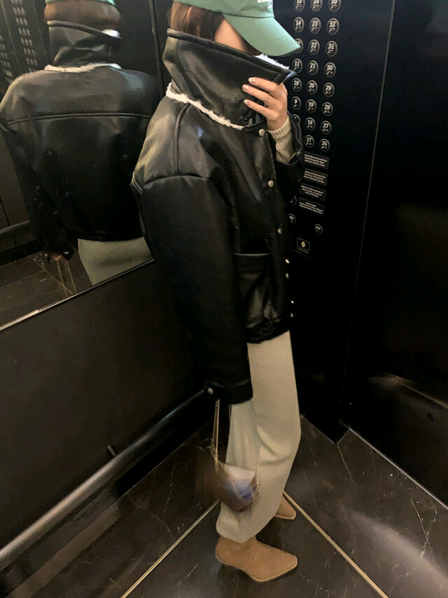 르라미 샐러 무스탕 레더 자켓 jk(블랙) 이미지