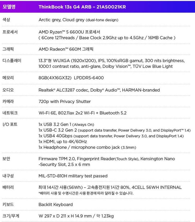 레노버 씽크북 13인치 고성능 노트북 판매 6600U 라이젠 이미지