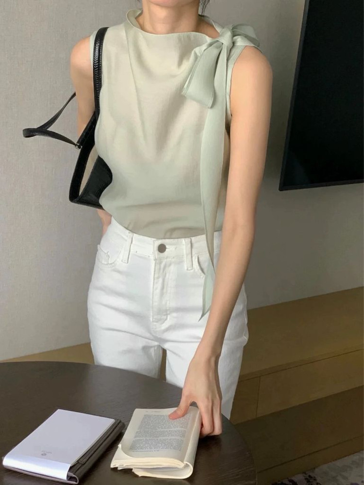 민소매 시스루 리본 블라우스 이미지