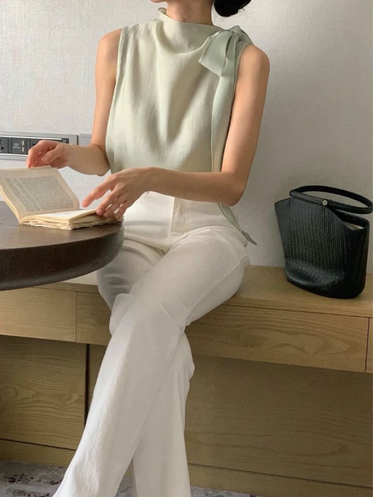 민소매 시스루 리본 블라우스 이미지