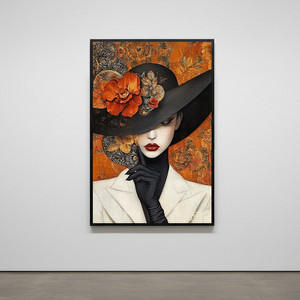 그림액자 정적의 권위 그림 액자 팝아트 인테리어소품 모던 시크 모자쓴 여성그림 거실 아트 포스터 그림 대형 이미지