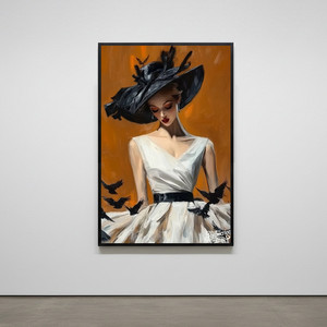 검은 날개 아래 그림 액자 팝아트 인테리어소품 모던아트 대형 모자쓴여성그림 새그림 고급 거실 현관 아트포스터 갤러리 이미지