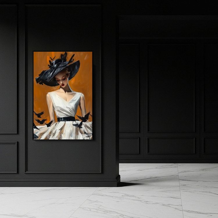 검은 날개 아래 그림 액자 팝아트 인테리어소품 모던아트 대형 모자쓴여성그림 새그림 고급 거실 현관 아트포스터 갤러리 이미지