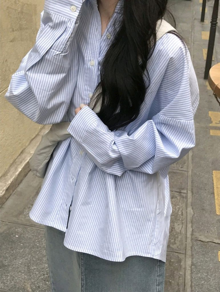 미니포에 디어 옥스포드 셔츠 소라 스트라이프 / 데일리쥬 매니크 가내스라 킨다베이지 릿킴 블랙업 라룸 어텀 베이델리 이미지
