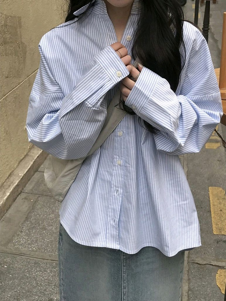 미니포에 디어 옥스포드 셔츠 소라 스트라이프 / 데일리쥬 매니크 가내스라 킨다베이지 릿킴 블랙업 라룸 어텀 베이델리 이미지