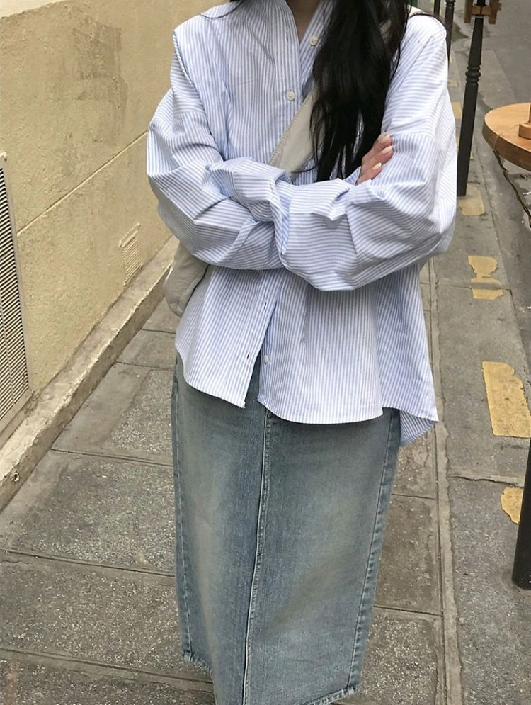 미니포에 디어 옥스포드 셔츠 소라 스트라이프 / 데일리쥬 매니크 가내스라 킨다베이지 릿킴 블랙업 라룸 어텀 베이델리 이미지
