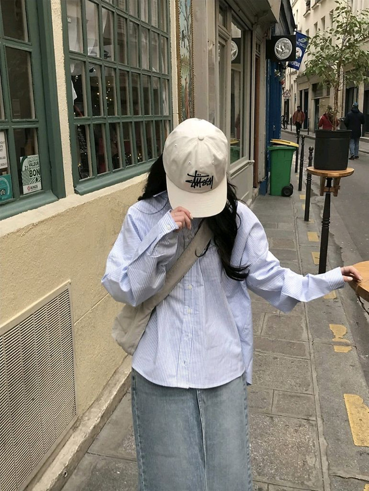 미니포에 디어 옥스포드 셔츠 소라 스트라이프 / 데일리쥬 매니크 가내스라 킨다베이지 릿킴 블랙업 라룸 어텀 베이델리 이미지