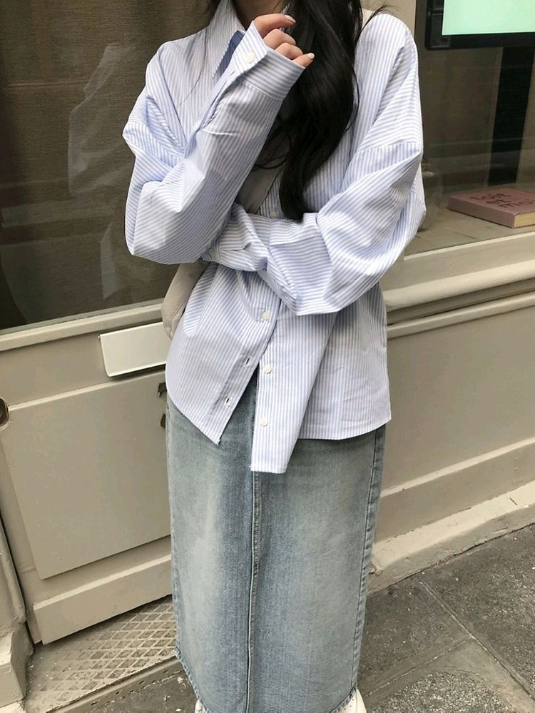 미니포에 디어 옥스포드 셔츠 소라 스트라이프 / 데일리쥬 매니크 가내스라 킨다베이지 릿킴 블랙업 라룸 어텀 베이델리 이미지