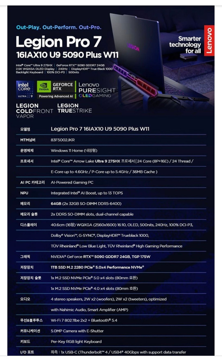[미개봉]레노버 LEGION Pro 7 16IAX10 U9 5090 Plus 64GB W11 게이밍노트북 판매합니다 이미지