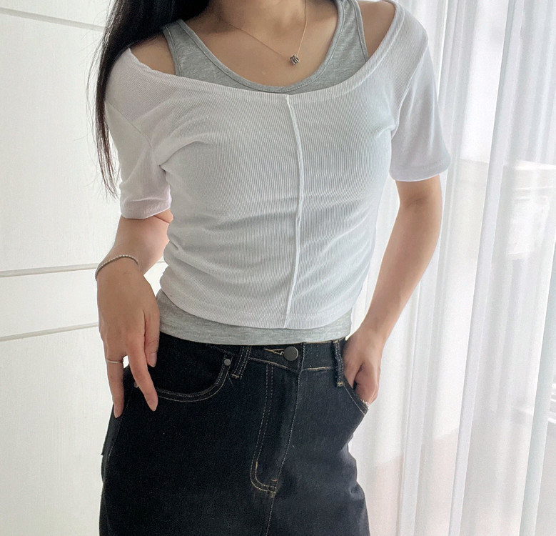 (새상품)나시+반팔세트 일체형 레이어드 반팔 티셔츠 이미지