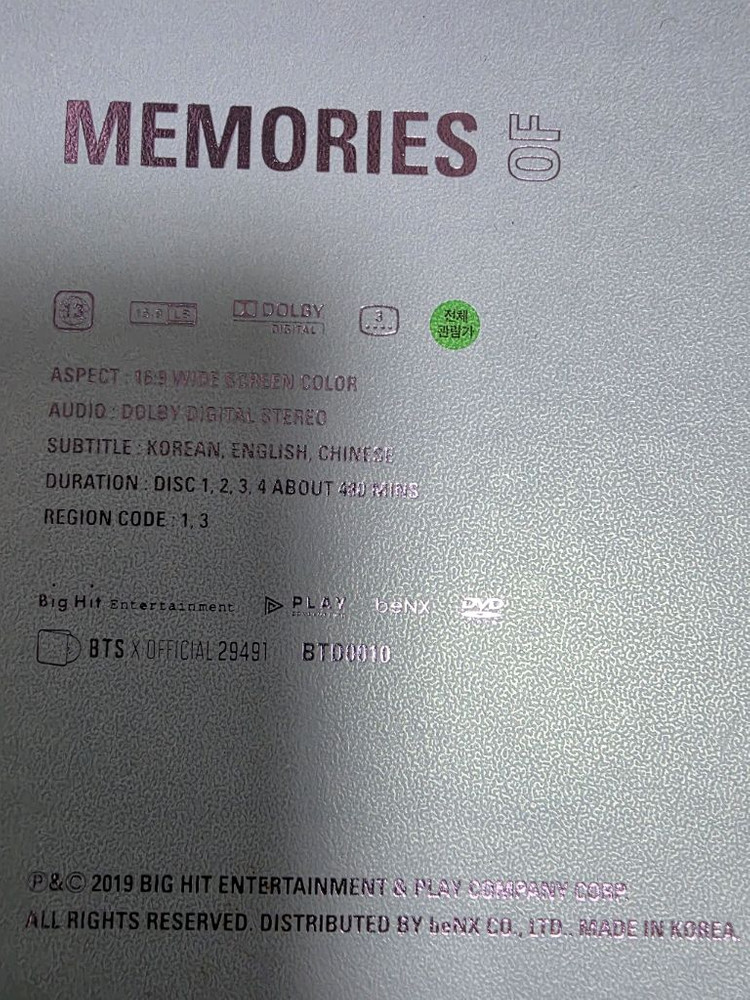 방탄소년단 메모리즈 2018 DVD/슈가 포카/새제품 이미지
