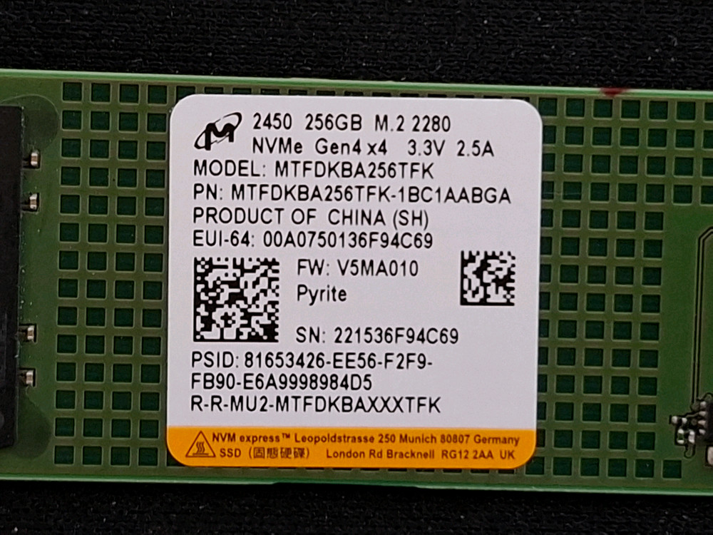 저장장치 MICRON 2450 M.2 NVME SSD 256GB 이미지