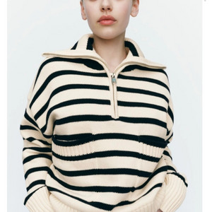 자라 zara 스트라이프 터틀넥 하프 집업 단가라 니트 아이보리 스웨터 반집업 이미지