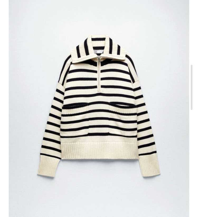 자라 zara 스트라이프 터틀넥 하프 집업 단가라 니트 아이보리 스웨터 반집업 이미지