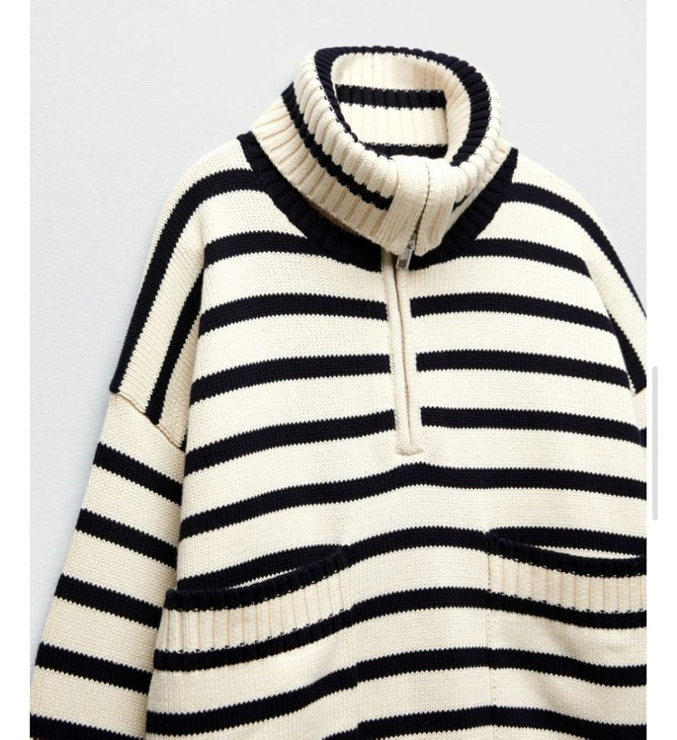 자라 zara 스트라이프 터틀넥 하프 집업 단가라 니트 아이보리 스웨터 반집업 이미지