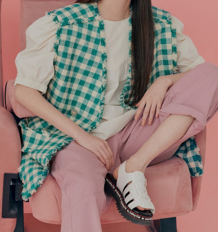 22년 럭키슈에뜨 체크 트위드 베스트 조끼 그린 초록 아이보리 여름 자켓 이미지