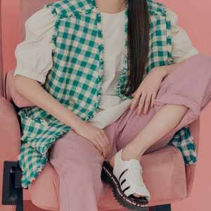 22년 럭키슈에뜨 체크 트위드 베스트 조끼 그린 초록 아이보리 여름 자켓 이미지