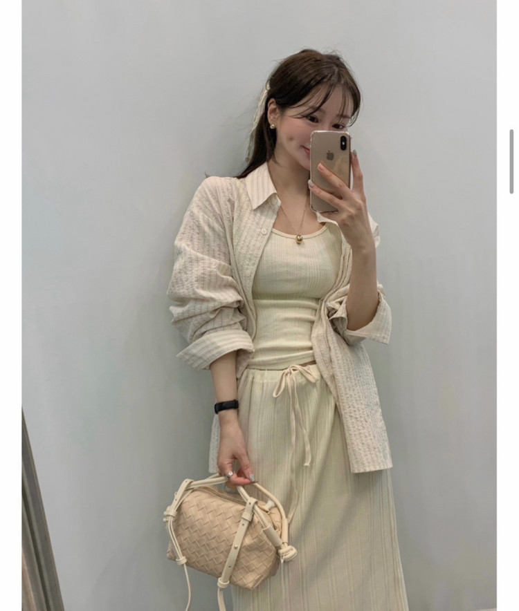 새상품 세트가격/쫀쫀유넥 나시티+골지짜임 밴딩 롱스커트 아이보리 이미지