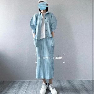 플리츠플리즈 코튼 데님 스커트 라이트블루 미스트 이미지