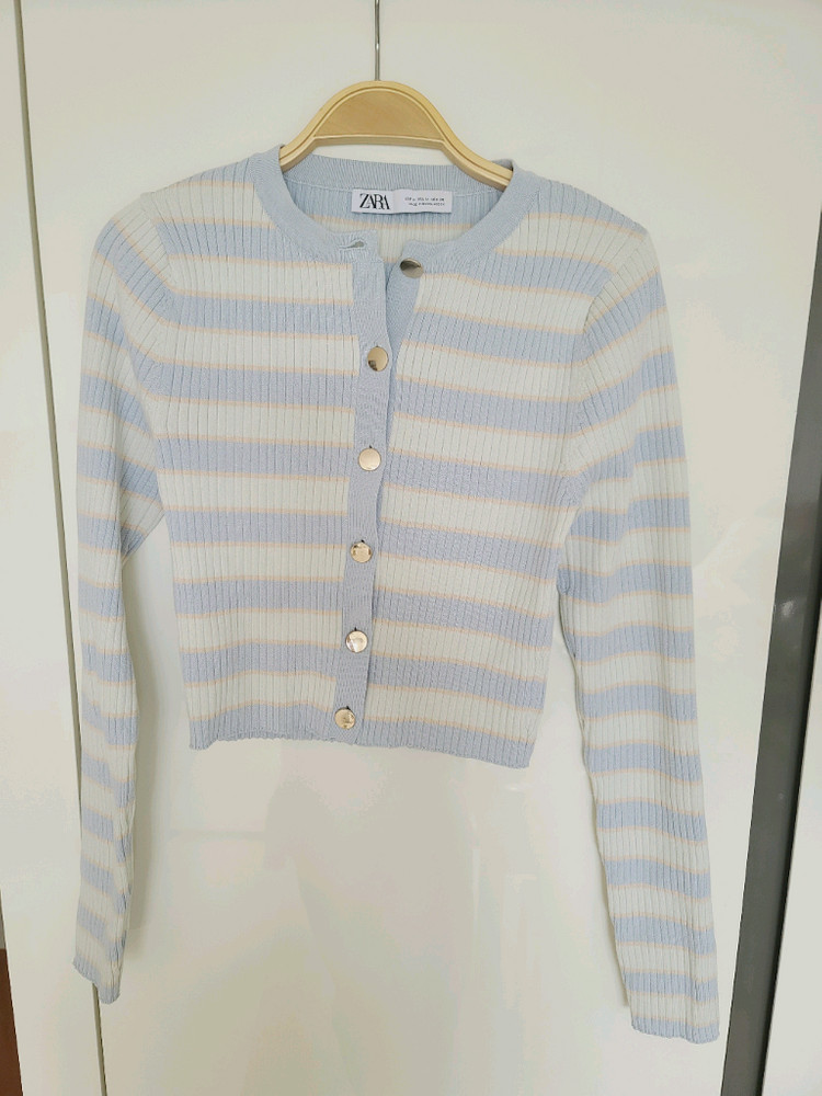 ZARA 자라 파스텔톤 스트라이프 니트 크롭 긴팔 금장버튼 가디건 M 이미지