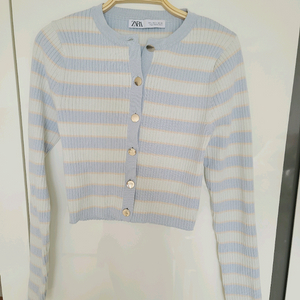ZARA 자라 파스텔톤 스트라이프 니트 크롭 긴팔 금장버튼 가디건 M 이미지