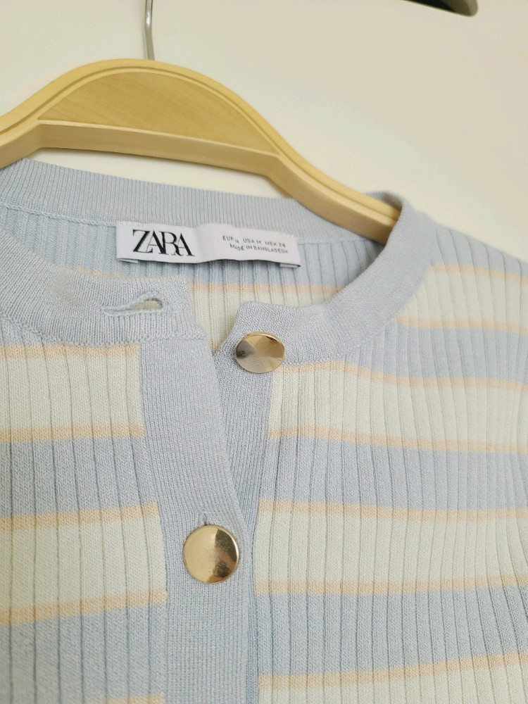 ZARA 자라 파스텔톤 스트라이프 니트 크롭 긴팔 금장버튼 가디건 M 이미지