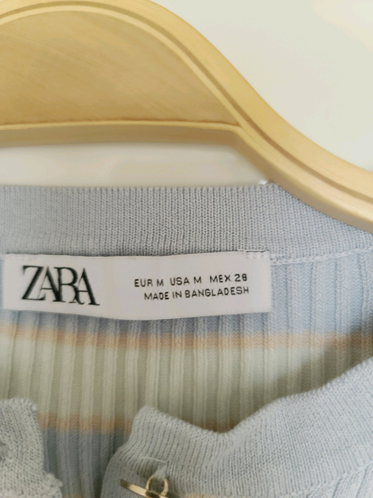 ZARA 자라 파스텔톤 스트라이프 니트 크롭 긴팔 금장버튼 가디건 M 이미지