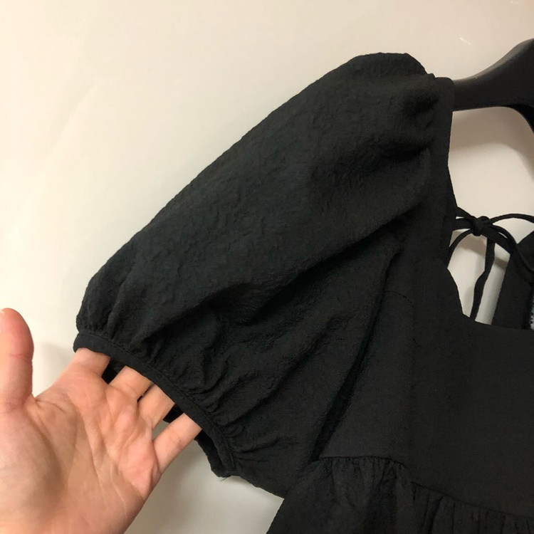 탑드레싱 자카드 리본 벌룬 반팔 퍼프 블라우스 페플럼 이미지