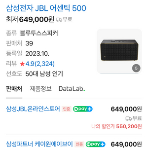 JBL 어센틱 500 블루투스 스피커 블랙 이미지