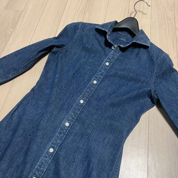 폴로 랄프로렌 POLO 데님 셔츠 원피스 블루 진청 프릴 머메이드 이미지