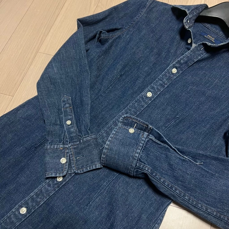 폴로 랄프로렌 POLO 데님 셔츠 원피스 블루 진청 프릴 머메이드 이미지