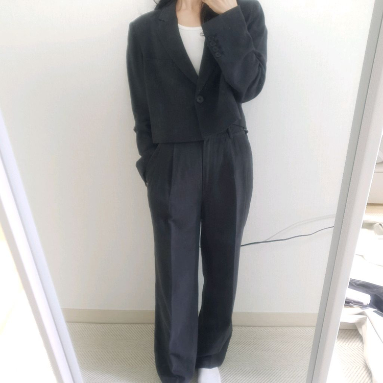 착용샷) 에잇세컨즈 애쉬 차콜 린넨 숏자켓 + 슬랙스 셋업 / 스파오 로엠 미쏘 지오다노 H&M 이미지