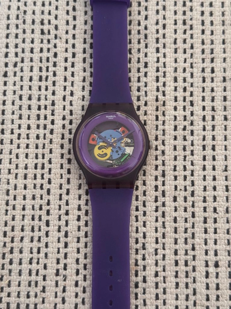 (고장) 스와치 swatch 퍼플 스켈레톤 쿼츠 시계 악세서리 러버 이미지