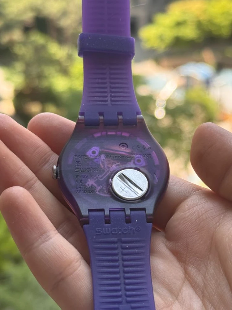 (고장) 스와치 swatch 퍼플 스켈레톤 쿼츠 시계 악세서리 러버 이미지