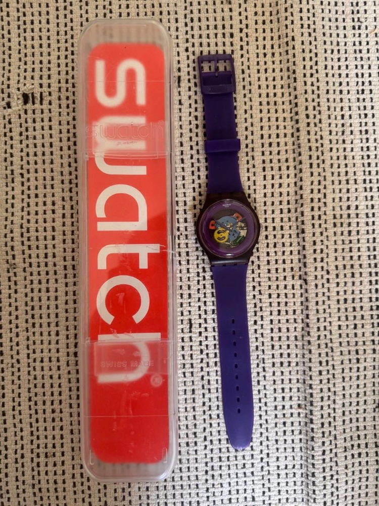 (고장) 스와치 swatch 퍼플 스켈레톤 쿼츠 시계 악세서리 러버 이미지