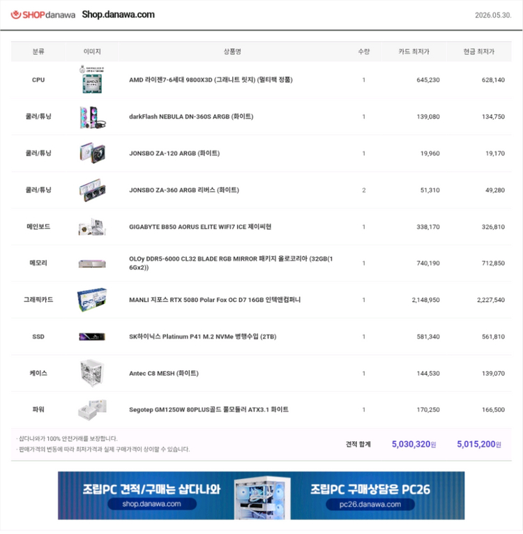 9800x3d RTX5080 p41 2tb 32G 화이트 고사양 컴퓨터 본체 이미지